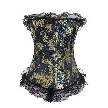 

Lace Trim Boned Brocade Corset, Deep blue