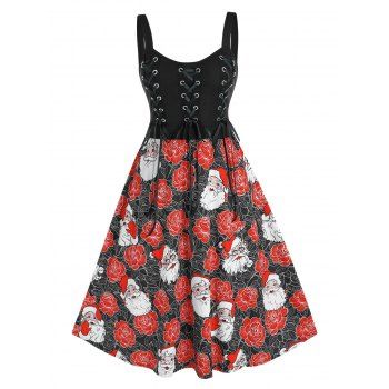 

Plus Size Lace-up Christmas Santa Claus Flower Flared Dress, Black