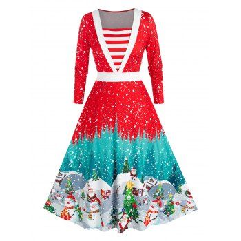 

Plus Size Christmas Snowflake Claus Striped Long Sleeve Dress, Red