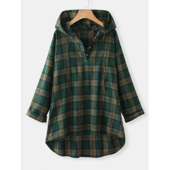 

Plus Size Hooded Plaid High Low Top, Green