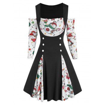 

Christmas Santa Claus Snowman Gift Print Cold Shoulder Twofer Dress, Black