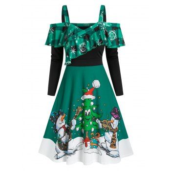 

Christmas Printed Cold Shoulder Ruffled Dress, Deep green