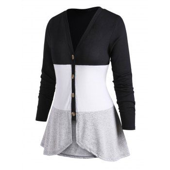 

Button Up V Neck Colorblock Plus Size Cardigan, Black