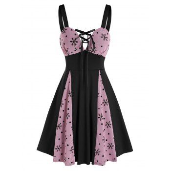 

Christmas Snowflake Pattern Mesh Panel Lace-up Sleeveless Dress, Multicolor a