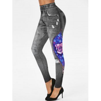 

3D Ripped Print Planet Rose Galaxy Skinny Jeggings, Ash gray