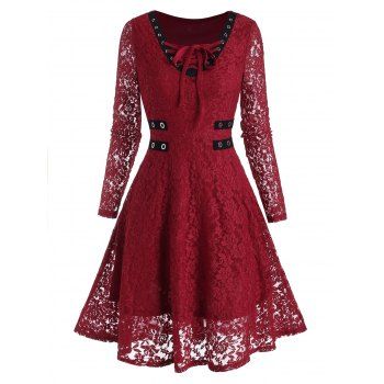 

Grommet Lace-up V Neck Lace Dress, Red