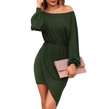

Skew Collar Long Sleeve Asymmetrical Dress, Deep green