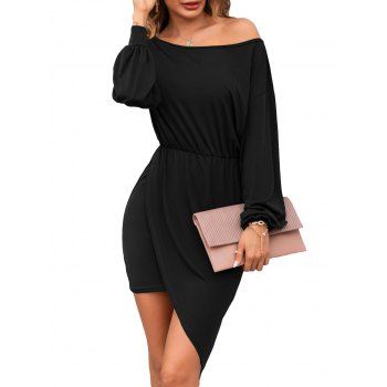 

Skew Collar Long Sleeve Asymmetrical Dress, Black