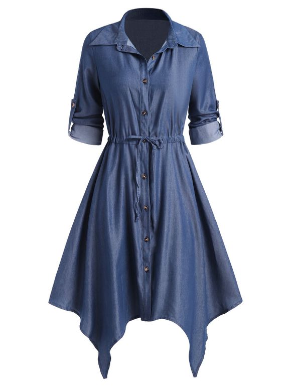 Robe Chemise Mouchoir à Manches Roulées à Cordon - Bleu L