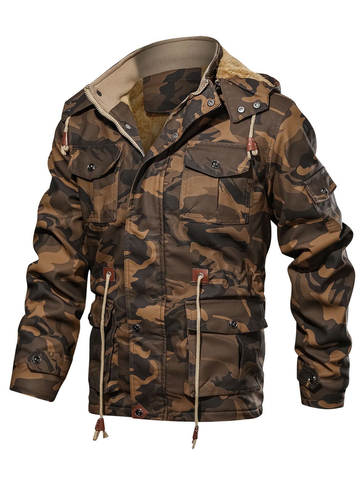 Camouflage Print Toggle Drawstring PU Leather Cargo Jacket - COFFEE 3XL