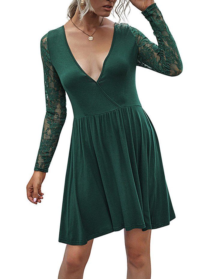 Sheer Lace Long Sleeves Surplice Dress - DEEP GREEN 2XL