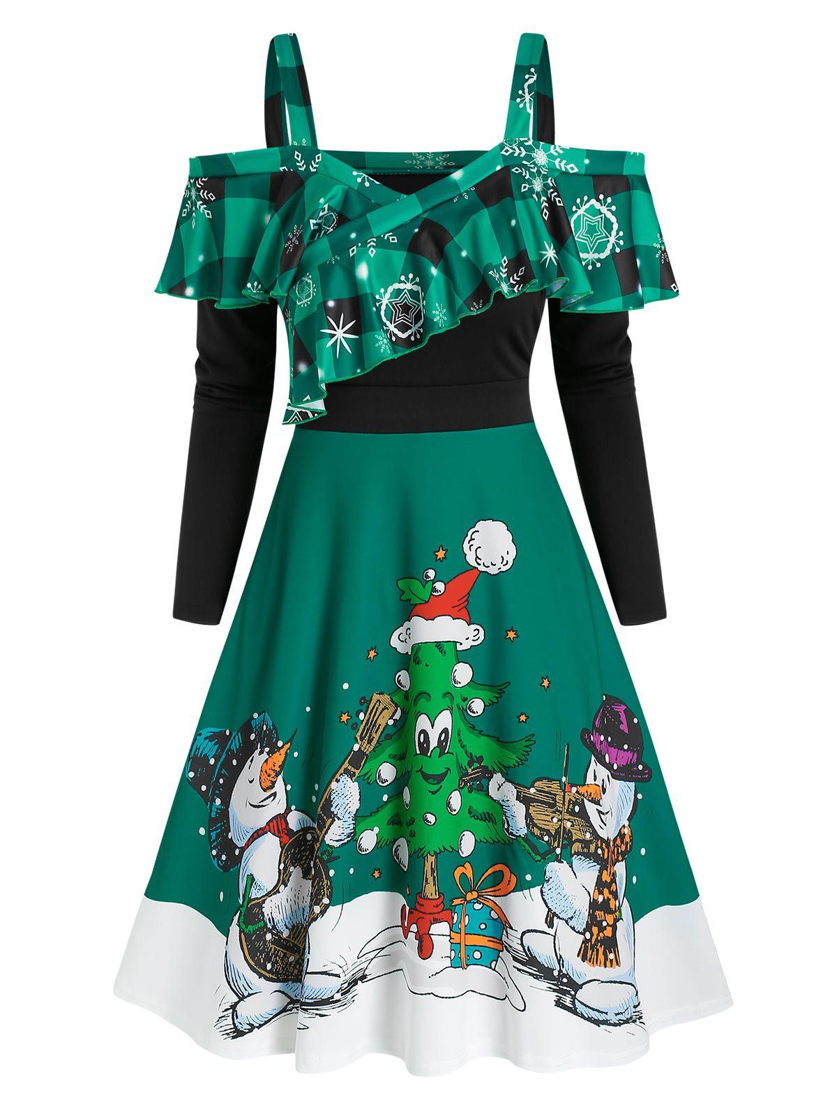 Christmas Printed Cold Shoulder Ruffled Dress - DEEP GREEN M