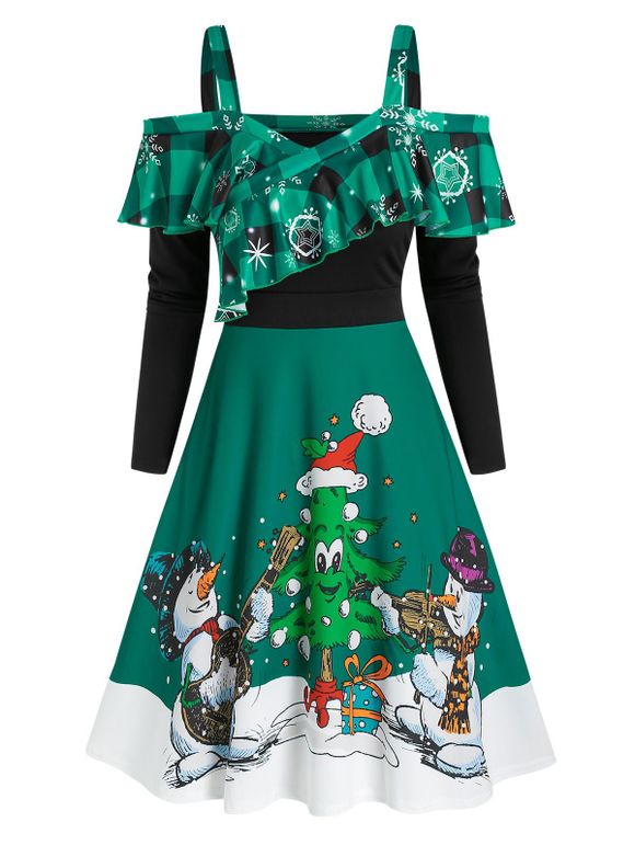 Robe de Noël de Soirée Noël Imprimée à Epaule Dénudée à Volants - Vert profond XL