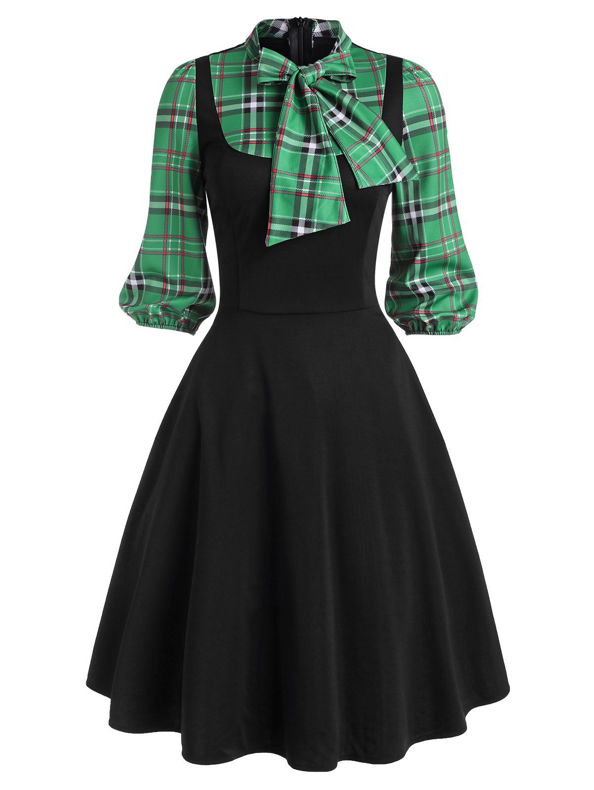 [29% OFF] 2021 Plaid Insert Pussy Bow Dress In GREEN | DressLily