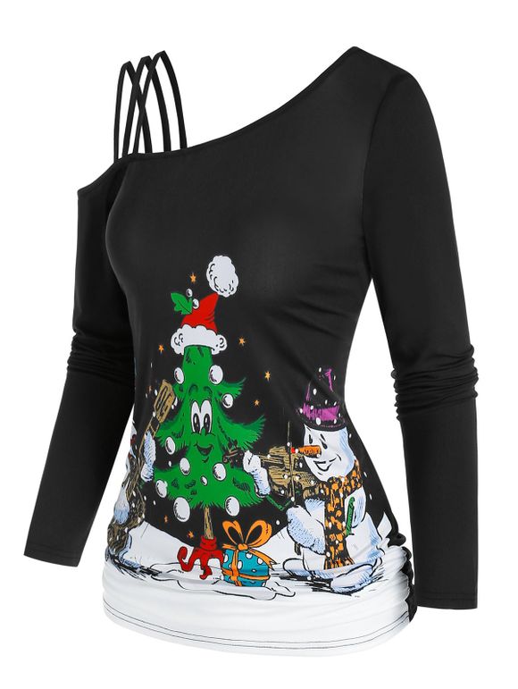 T-shirt à Imprimé Sapin de Noël et Bonhomme de Neige à Col Oblique - Noir 3XL