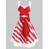 Robe de Noël Rayée en Fausse Fourrure Insérée avec Nœud Papillon - Rouge L