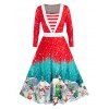 Plus Size Christmas Snowflake Claus Striped Long Sleeve Dress - RED L