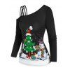 T-shirt à Imprimé Sapin de Noël et Bonhomme de Neige à Col Oblique - Noir 2XL