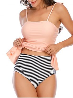 Tie Shoulder Striped Peplum High Waisted Tankini Swimwear