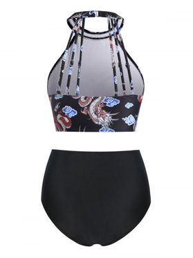 High Neck Chinese Dragon Print Ruched Tankini Swimwear