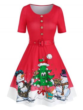 Christmas Tree Snowman Print Vintage Dress
