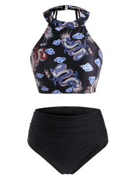 High Neck Chinese Dragon Print Ruched Tankini Swimwear