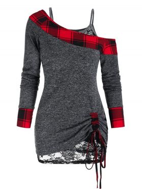 Plaid Skew Neck Cinched Knitwear and Lace Top Set