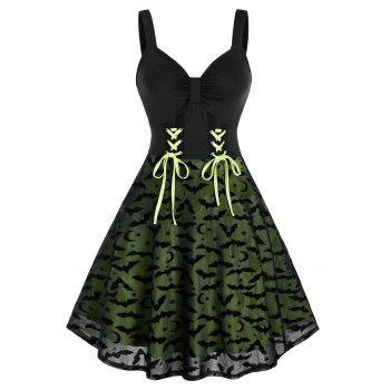 

Bicolor Lace Up Bat Pattern Lace Dress, Multicolor a