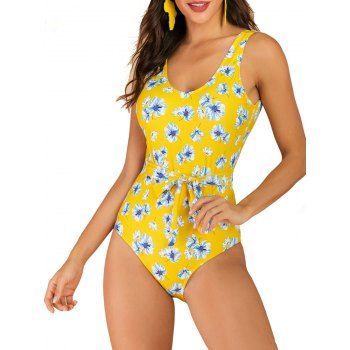 

Flower Backless Belted One-piece Swimsuit, Yellow