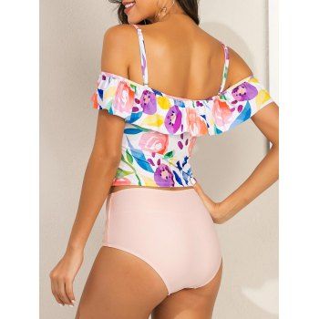 Buy Floral Leaves Print Flounces Cold Shoulder Tankini Swimwear. Picture