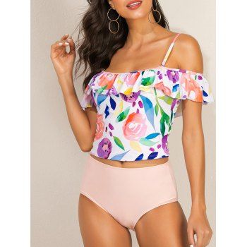 

Floral Leaves Print Flounces Cold Shoulder Tankini Swimwear, Multicolor