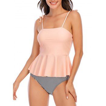 

Tie Shoulder Striped Peplum High Waisted Tankini Swimwear, Light pink