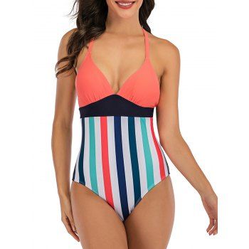 

Lace Up Back Stripes Colorblock One-piece Swimsuit, Multicolor