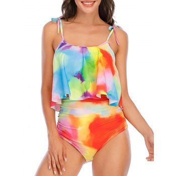 

Rainbow Tie Dye Tie Shoulder High Waisted Tankini Swimwear, Multicolor