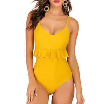 

Ruffles Cut Out Back Solid One-piece Swimsuit, Yellow