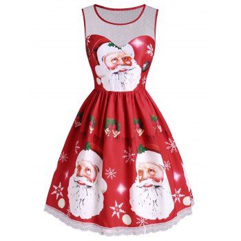 

Christmas Bell Santa Claus Snowflake Lace Insert Dress, Red