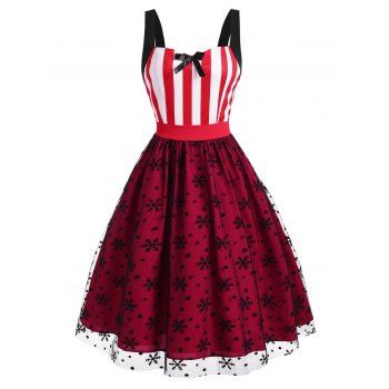 

Christmas Party Dress Snowflake Polka Dot Flocking Lace Striped Bowknot Dress, Red