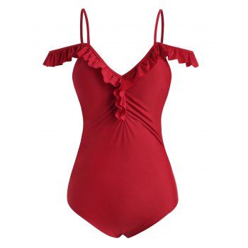 

Flounces Ruched Cold Shoulder One-piece Swimsuit, Deep red