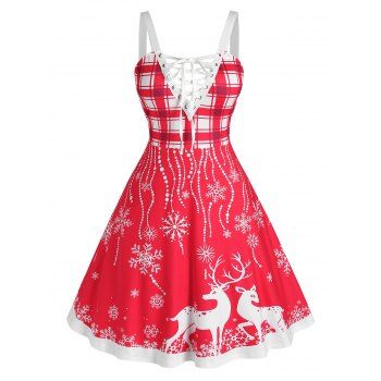 

Plus Size Christmas Lace-up Checked Snowflake Elk Dress, Red
