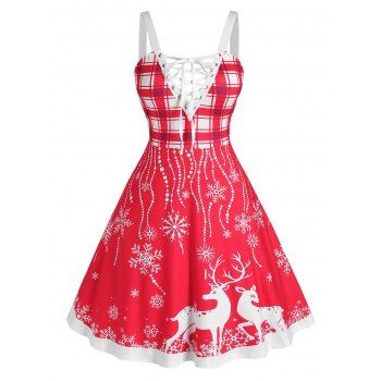 Plus Size Christmas Lace-up Checked Snowflake Elk Dress