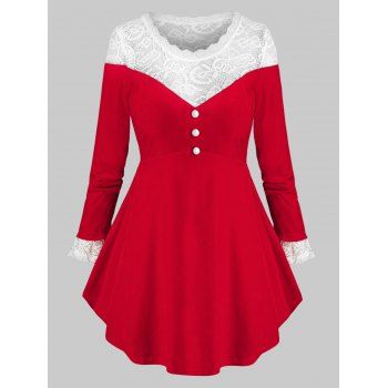 

Plus Size Lace Yoke Christmas Velvet Long Sleeve Tee, Red