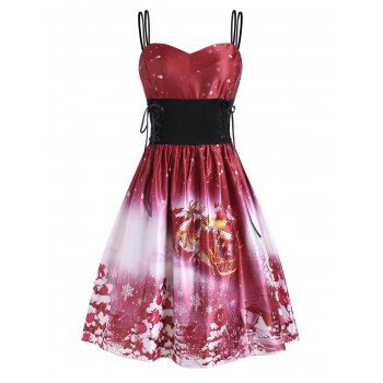 

Christmas Tree Santa Claus Elk Lace Up Dress, Red