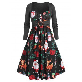 

Plus Size Christmas Santa Claus Elk Dress with Long Sleeve Top Set, Black