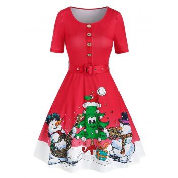 

Christmas Tree Snowman Print Vintage Dress, Red