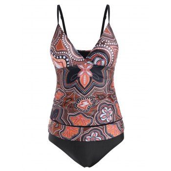 

Contrast Dotted Printed Surplice Tankini Swimwear, Deep coffee