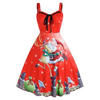 

Plus Size Christmas Santa Claus Elk A Line Tie Dress, Red