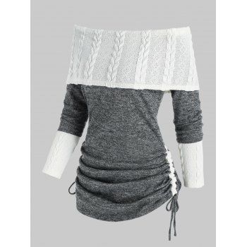 

Cinched Off Shoulder Patchwork Knitwear, Gray cloud