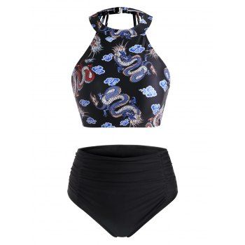 Image of High Neck Chinese Dragon Print Ruched Tankini Swimwear