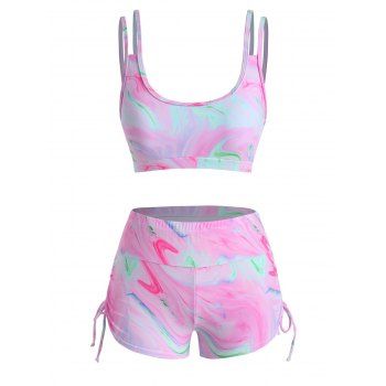 

Tie Dye Agate Print Swimsuit Side Cinched Ruched Boyshorts Tankini Swimwear, Light pink