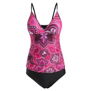 

Contrast Dotted Printed Surplice Tankini Swimwear, Purple